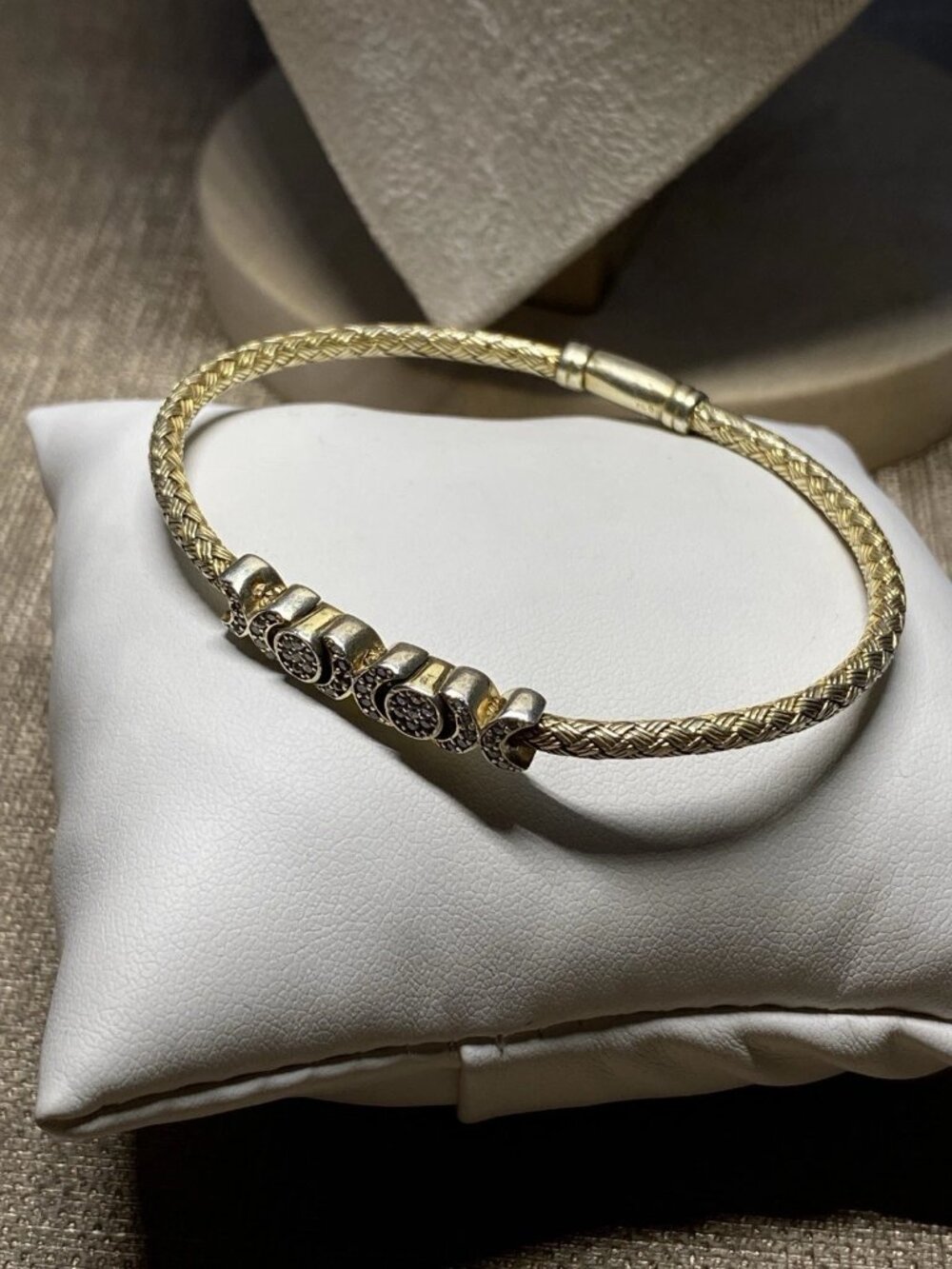 Vintage 925 Sterling Silver Gold Tone Braided Bracelet CZ Bar Push Clasp
